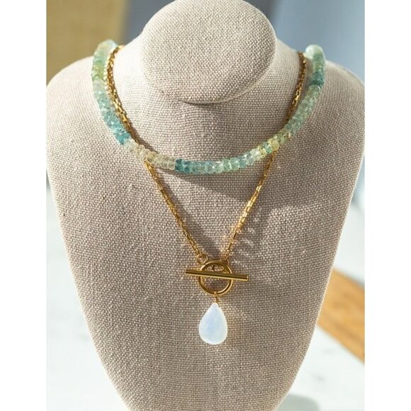 Stunning Moonstone Pendant Necklace 18K WATERPROOF Gold Chain with Toggle Clasp - Picture 3 of 12